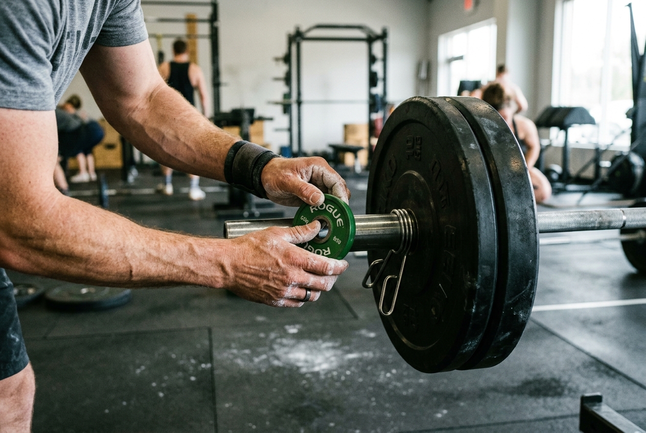Close-up of hands adding a small weight plate to a barbell