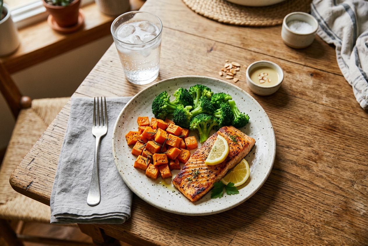 A healthy post-workout meal with salmon, sweet potato and broccoli