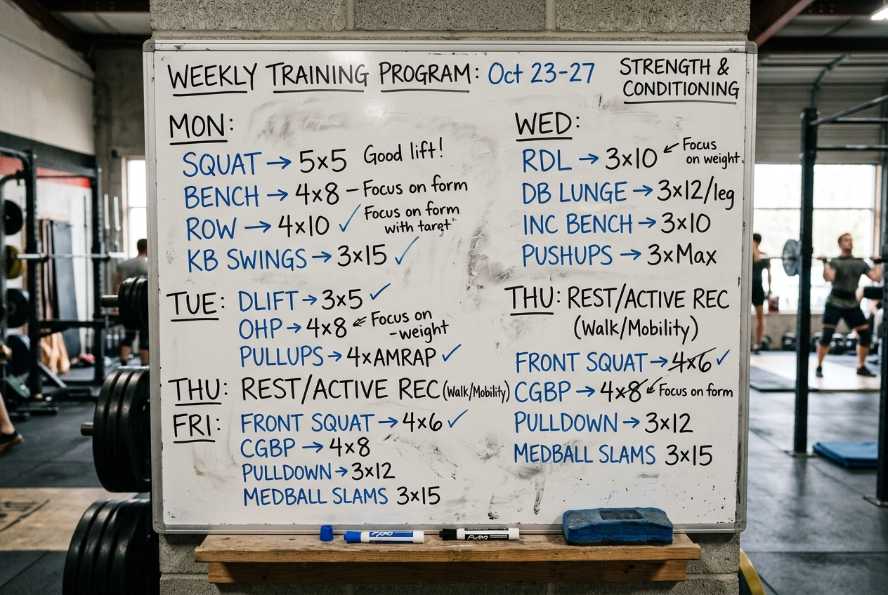 A training programme written on a whiteboard in a gym