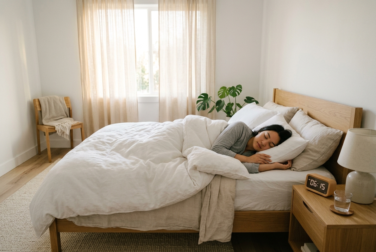 Person sleeping peacefully with morning light through curtains