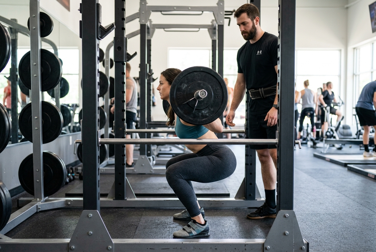 Woman performing a barbell squat with proper form in a power rack