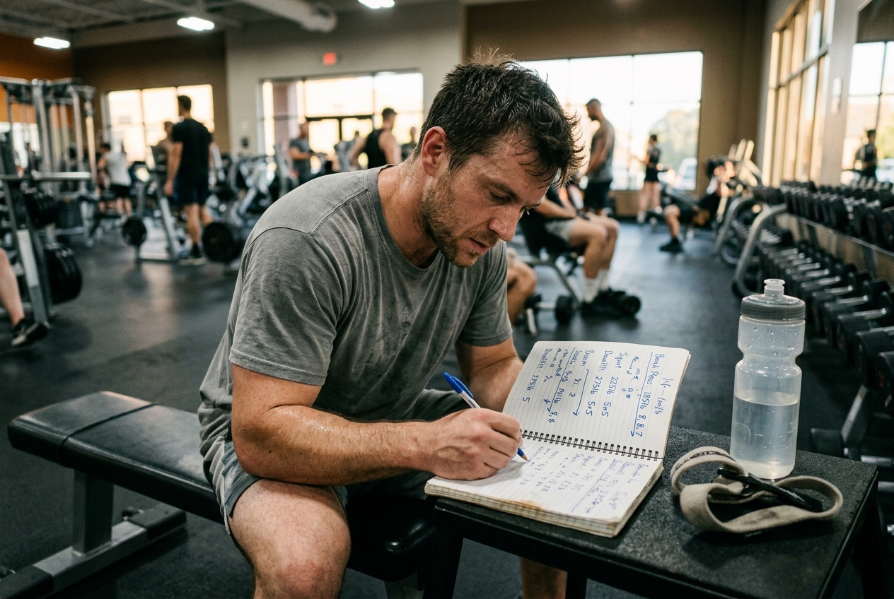 Person writing training notes in a logbook at a gym bench