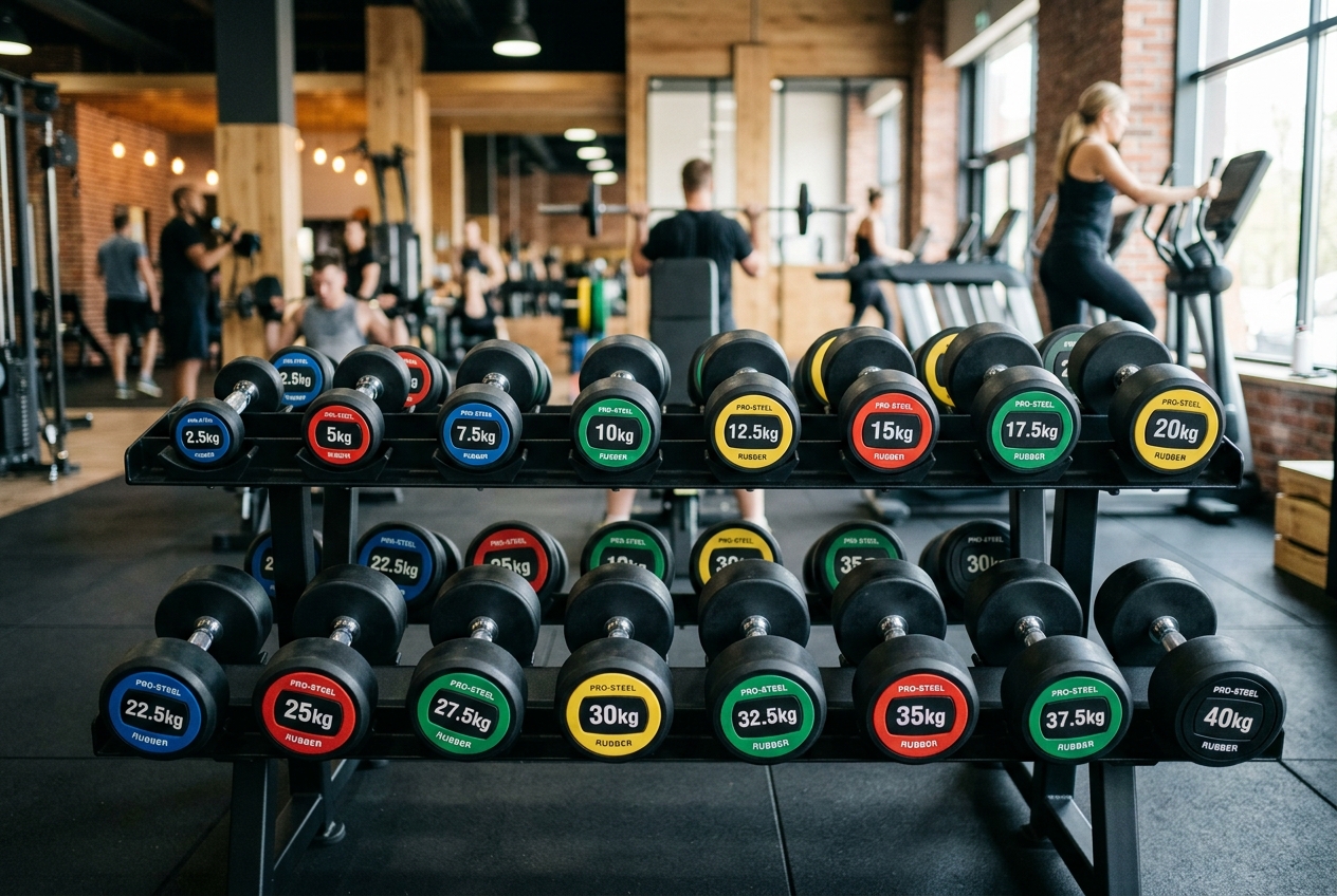 Dumbbells organised on a weight rack from light to heavy
